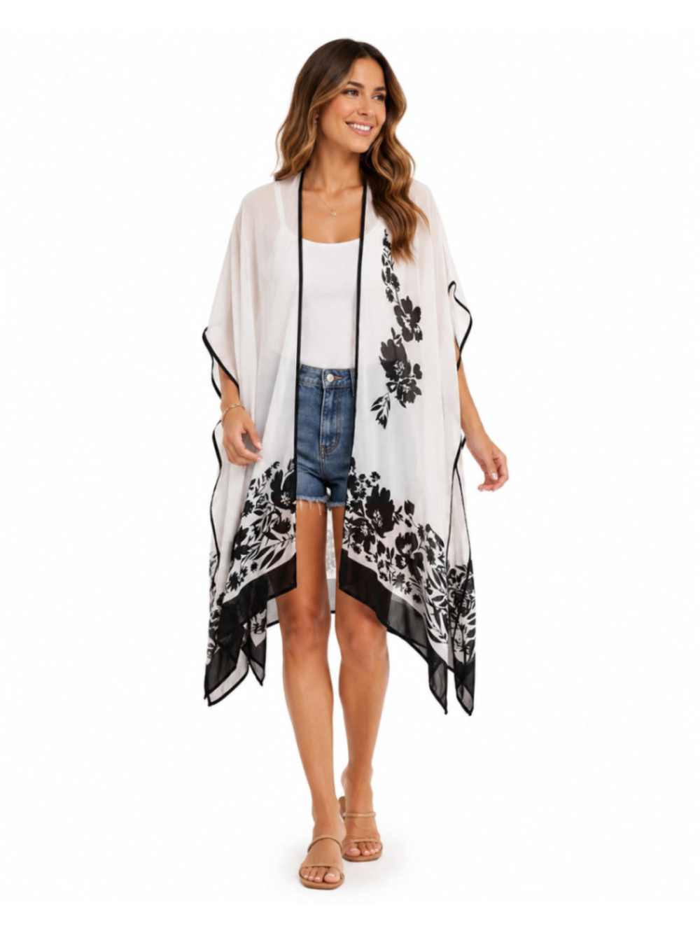 Love Stitch One Size Black & White Floral Kimono Cover-Up